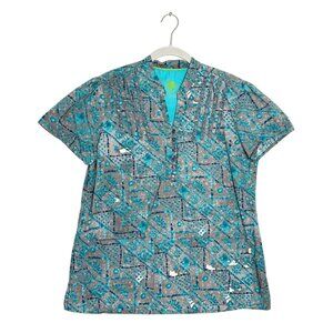 Healing Hands Women's Print 2-Pocket Short Sleeve Scrub Top in Gray/Blue - Sz L